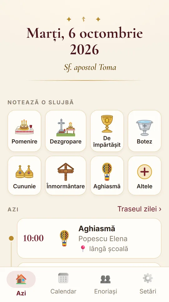 Ecranul de azi: ziua, sfântul zilei, butoanele slujbelor și slujbele zilei